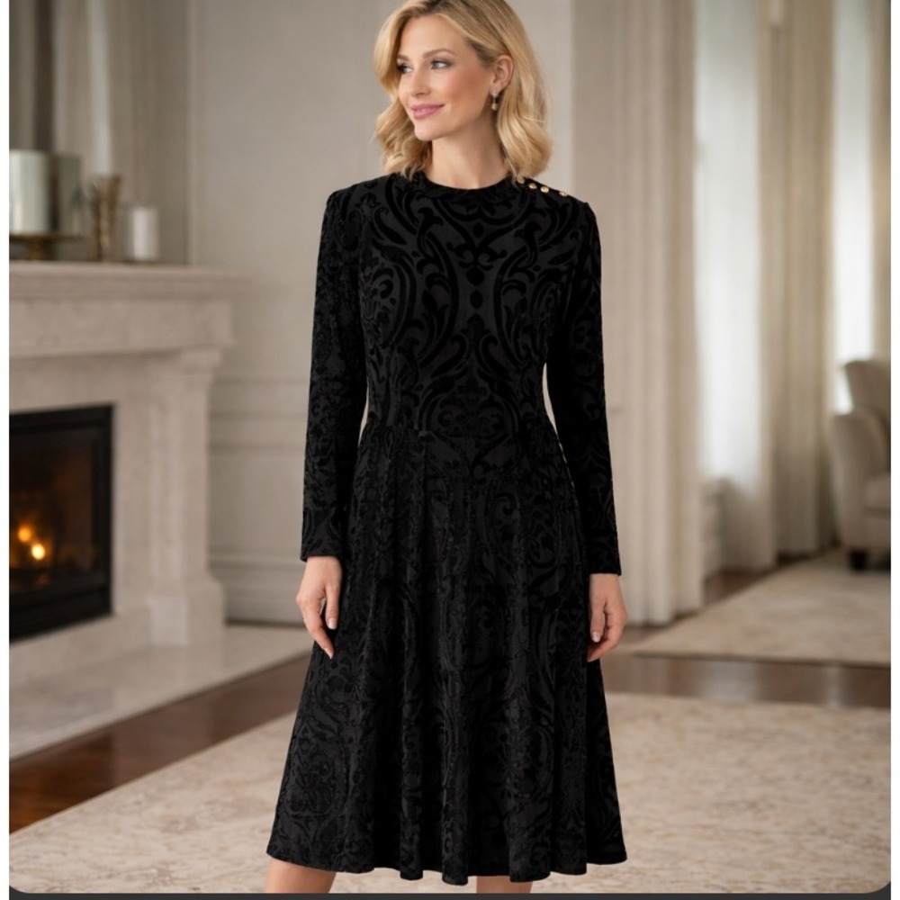Soft Surroundings Hadley Midi Dress 14P Abstract Burnout Velvet Black Whimsygoth